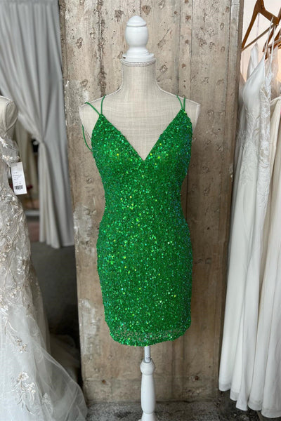 Green Sequin Homecoming Dresses V Neck Straps Bodycon Mini Hoco Dress MD091505
