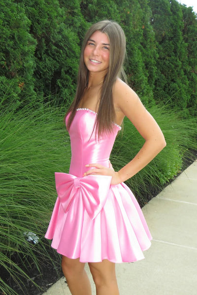 A Line Strapless Pink Satin Homecoming Dress DM12062805