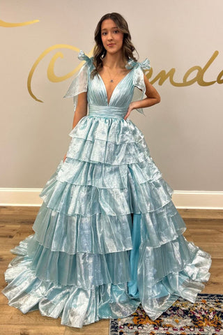 Blue V Neck Ruffle Tiered Organza Prom Dress with Bow MD4050803