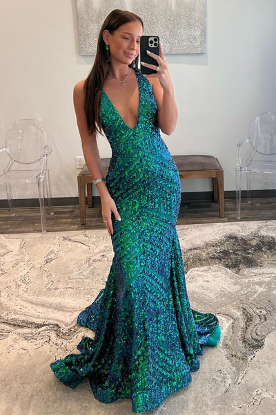 Green Sequins V Neck Mermaid Long Prom Dress MD121207