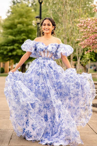 Blue Off the Shoulder Ruffle Tiered Floral Printed Prom Dress MD4050601