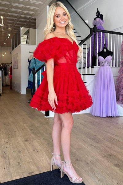 Red Sweetheart Puff Sleeve A-Line Short Party Dress with Ruffles LD3070704