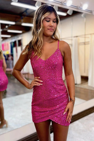 Hot Pink V Neck Sequin Mini Homecoming Dress Tight Short Prom Dress MD090507