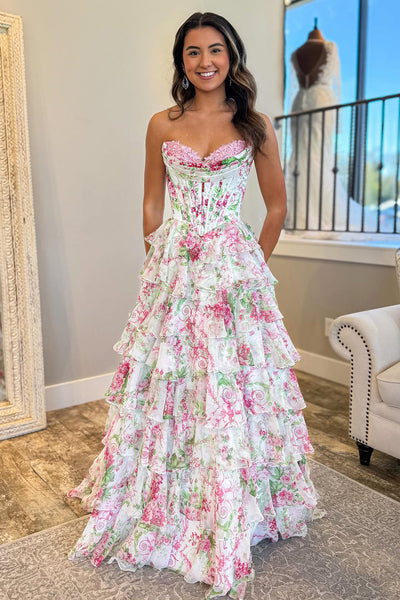 Gorgeous A Line Sweetheart Pink White Floral Chiffon Tiered Prom Dress with Slit DM52120101