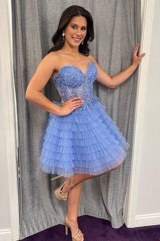 Lovely Strapless Ruffule Tiered Short Homecoming Dresses with Appliques DM24071308