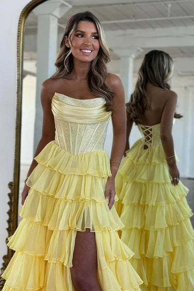 A-Line Scoop Neck Light Blue Tiered Long Prom Dress with Beadings DM260105