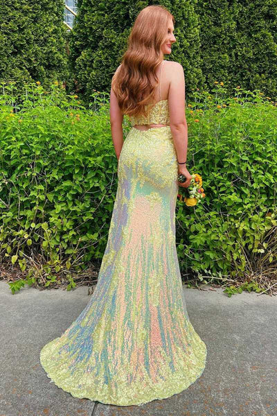 Yellow Sequin Split Neck Long Prom Dress with Slit MD092610