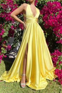 Stylish A Line Deep V Neck Yellow Long Prom Dress with Criss Cross Back MD112509