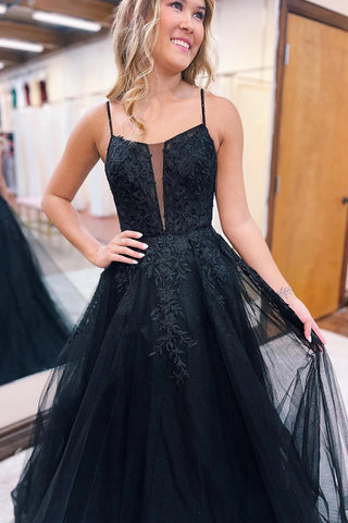 Glitter Black A-Line Long Tulle Prom Dress with Lace DM3082831