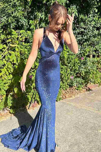 Charming Mermaid V Neck Navy Velvet Long Prom Dresses DM241019006