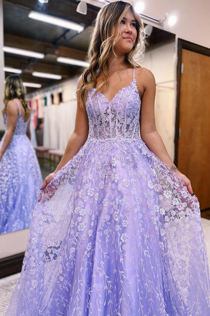 lilac corset prom dress A-Line V Neck Lilac Corset Long Prom Dresses with Appliques MD103106 – Dressmeet
