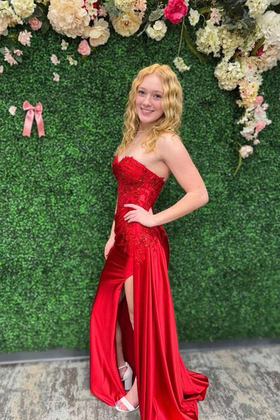 Cute Mermaid Sweetheart Red Slit Prom Dresses with Appliques DM120601