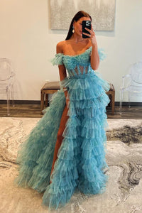 Romantic A-Line Off the Shoulder Ruffle Tiered Long Prom Dress with Slit MD4032705