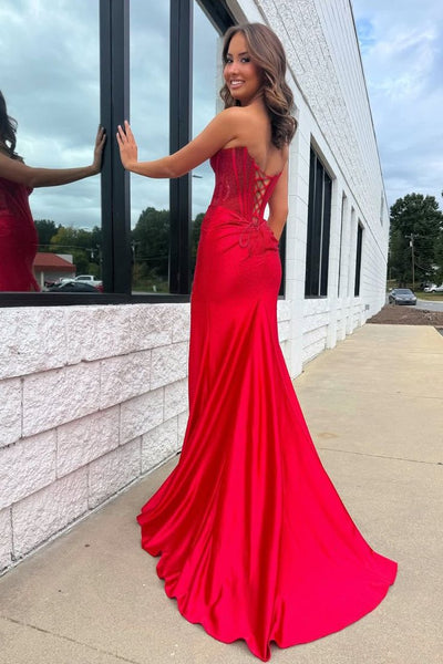 Sparkly Mermaid Scoop Neck Hot Fix Satin Prom Dress with Slit DM1613805