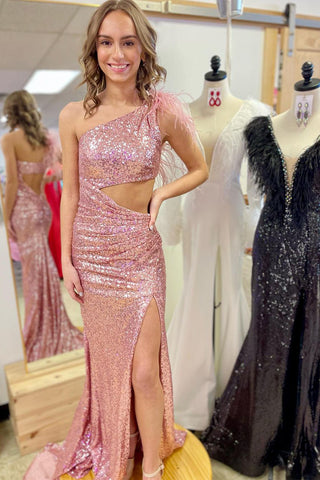 Mermaid One Shoulder Blush Sequins Cutout Prom Dresses MD4020401