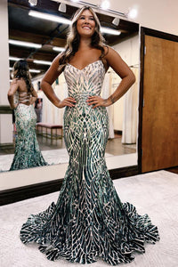 Mermaid Strapless Green Sequins Long Prom Dress MD4050704