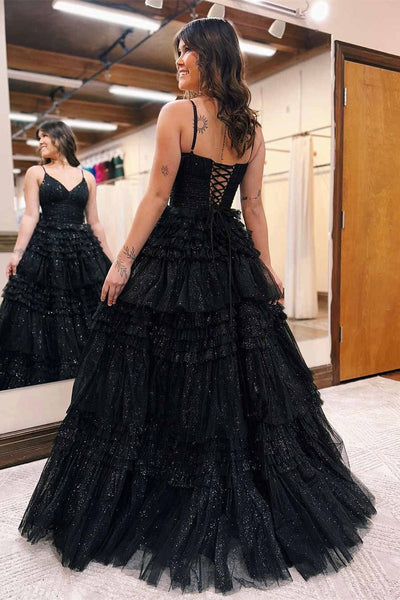 Straps Black V-Neck Pleasted Tiered Long Prom Dress MD110310
