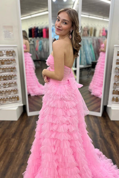 Pink Strapless Ruffle Tiered Tulle Long Prom Dress MD4030204