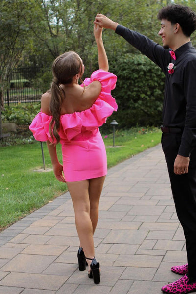 Cute Off the Shoulder Pink Satin Tight Homecoming Dresses DM24101509