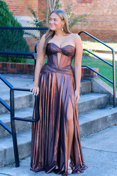 Cute A Line Sweetheart Brown Metallic Satin Slit Prom Dress DM242901