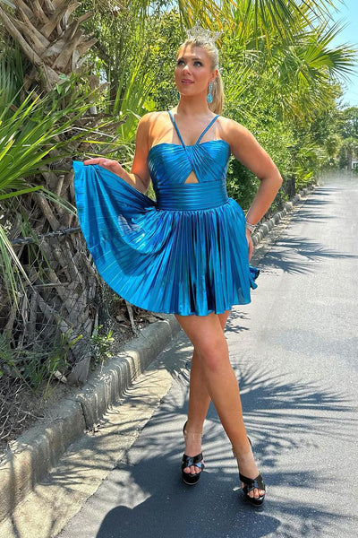 A-Line Halter Blue keyhole Pleated Short Homecoming Dresses DM4070903