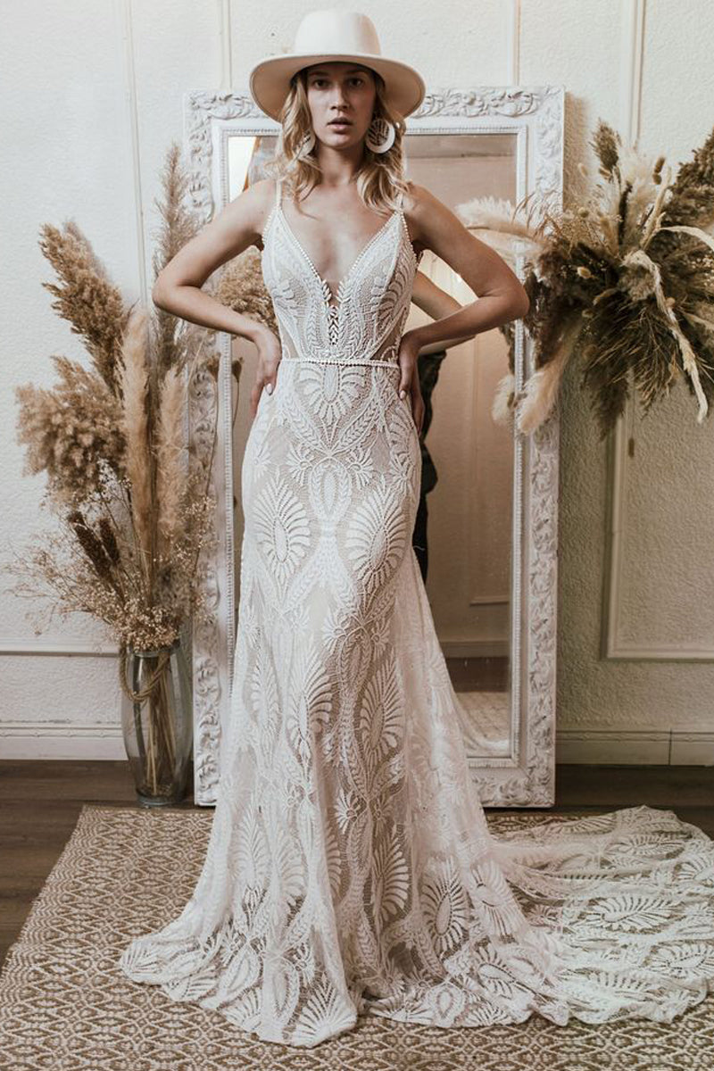 Boho Mermaid V Neck Lace Long Wedding Dresses DM082702 – Dressmeet