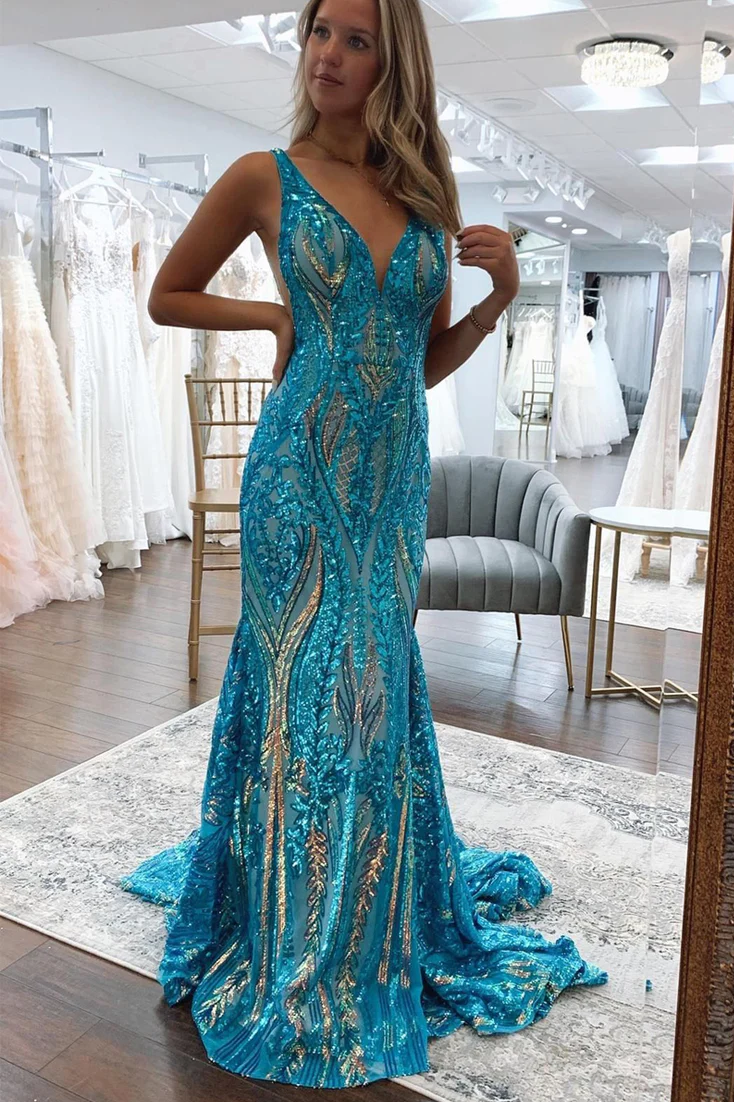 Stunning Mermaid Sleeveless V-Neck Sequins Appliques Long Prom Dress DM25102804
