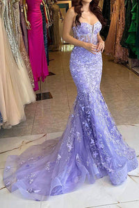 Gorgeous Lilac Sequin Lace Mermaid Sweetheart Corset Prom Dress MD112510