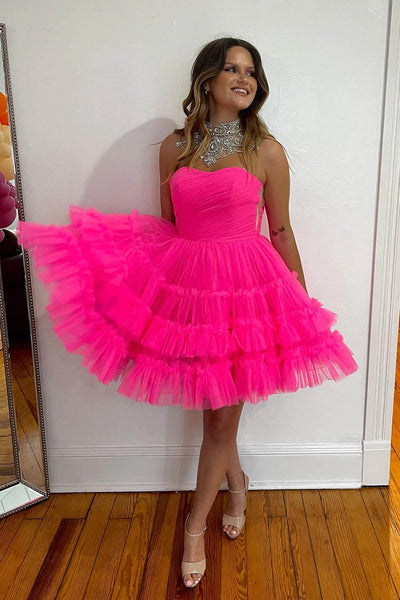 Fuchsia A-Line Sweetheart Tulle Tiered Corset Short Homecoming Dress MD0903012