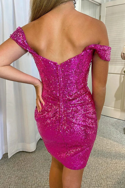 Fuchsia Detachable Off the Shoulder Sequins Tight Homecoming Dress LD3062302