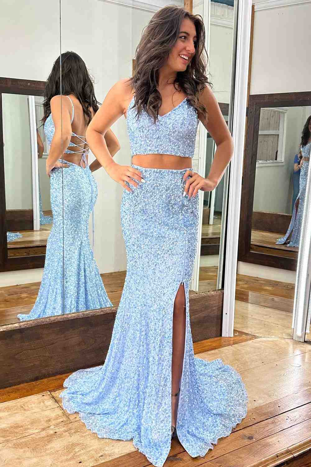 Light Blue V Neck Lace-Up Back Mermaid Sequins Slit Long Prom Dress MD121908