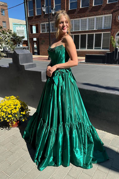 Cute A Line Scoop Neck Dark Green Satin Prom Dresses DM24102910