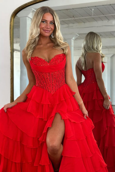 A Line Sweetheart Chiffon Tiered Slit Prom Dress with Appliques DM15010501