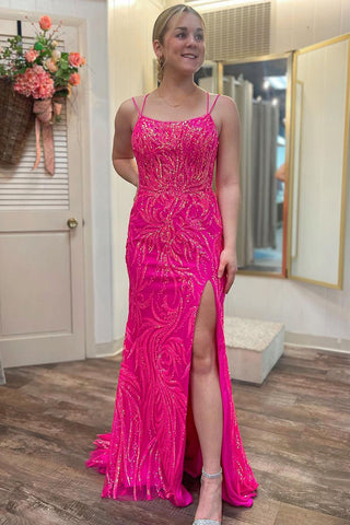 Fuchsia Scoop Neck Sequins Lace Mermaid Long Prom Dress MD4021705