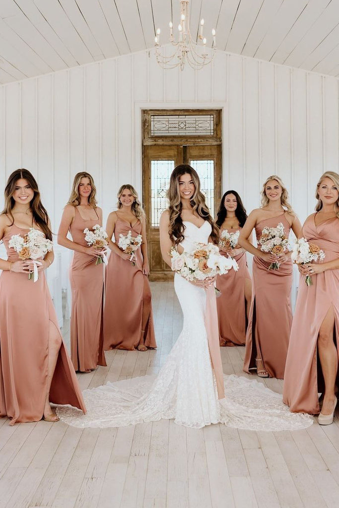 Stunning Sheath Blush Pink Silk Satin Long Bridesmaid Dress DM4070202 Dressmeet Stunning Sheath Blush Pink Silk Satin Long Bridesmaid Dress DM4070202 Dressmeet