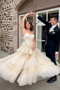 Cute Ball Gown Scoop Neck Champagne Tiered Tulle Long Prom Dress with Slit MD4060503