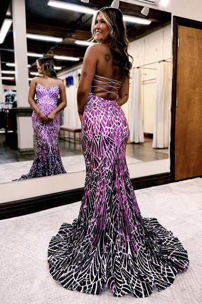 Mermaid Strapless Purple Sequins Long Prom Dress MD4050705