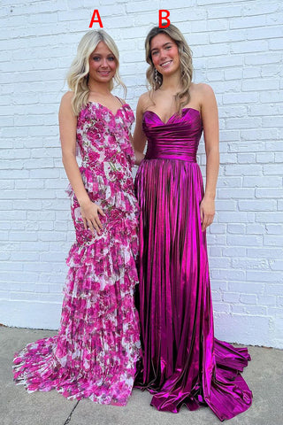 Pink Floral Printed Ruffle Mermaid Long Prom Dresses MD4030901