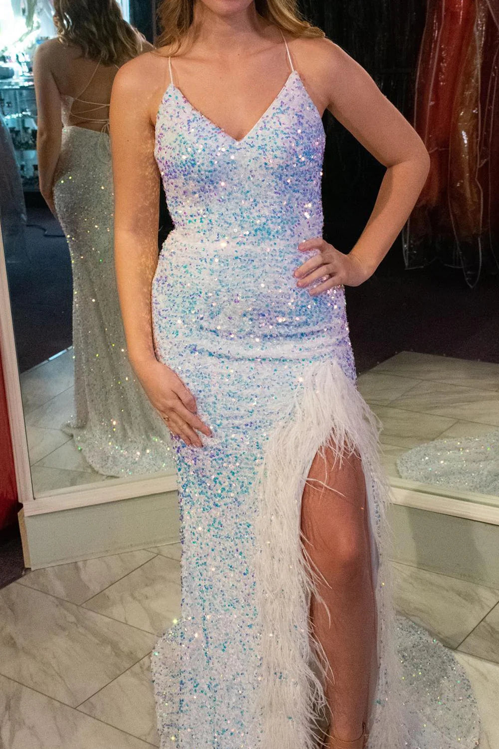 Glitter White Sequins Long Mermaid Prom Dress with Feathers MD112904 Dressmeet Glitter White Sequins Long Mermaid Prom Dress with Feathers MD112904 Dressmeet