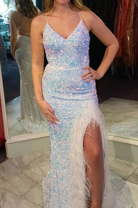 Glitter White Sequins Long Mermaid Prom Dress with Feathers MD112904