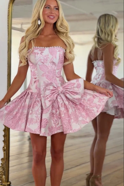 A Line Strapless Pink Jacquard Satin Homecoming Dress with Bow DM12072011