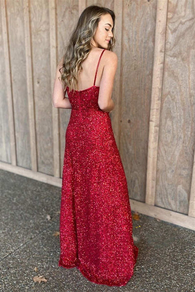 V-Neck Straps Red Sequins Long Prom Dress MD121807
