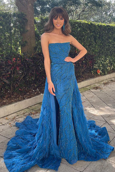 Blue Strapless Sequin Lace Mermaid Feathered Long Prom Dress MD120601