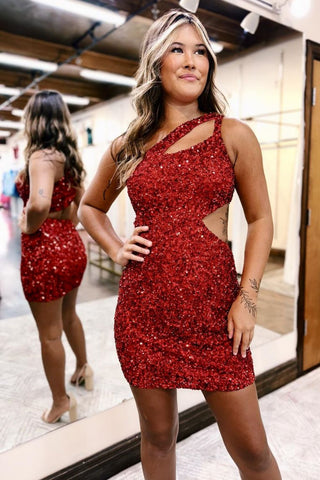 Red Keyhole One Shoulder Cutout Sequins Short Homecoming Dresses DM24071304