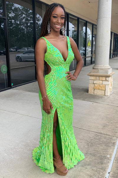 Green V Neck Sequins Mermaid Long Prom Dress with Slit MD4032005