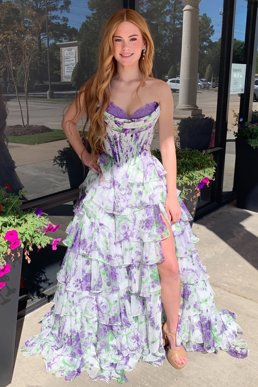 Gorgeous A Line Sweetheart Purple Floral Chiffon Tiered Prom Dress with Slit DM1112206