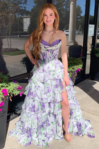 Gorgeous A Line Sweetheart Purple Floral Chiffon Tiered Prom Dress with Slit DM1112206