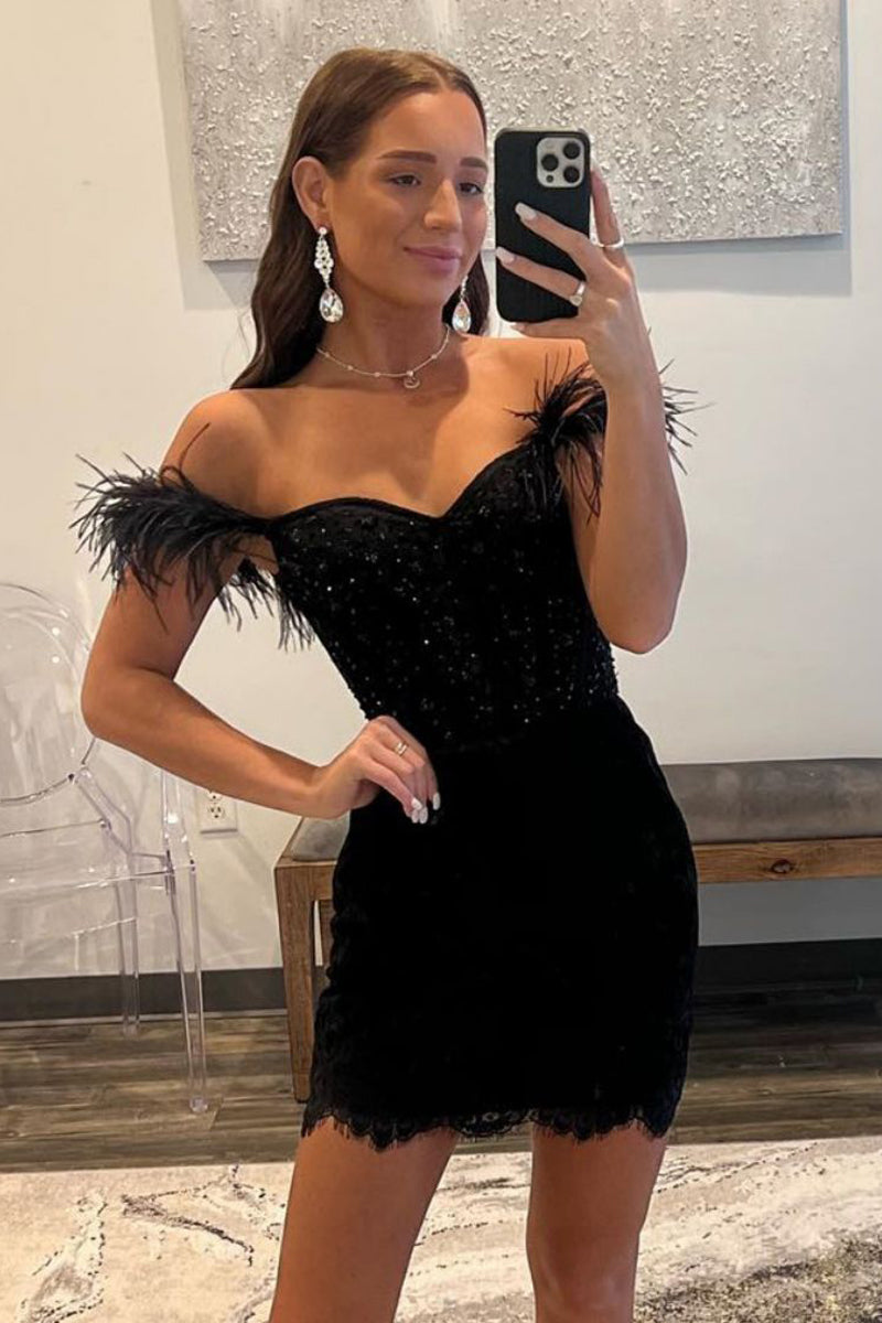 Bodycon Off the Shoulder Black Lace Appliques Short Homecoming Dresses DM24071504