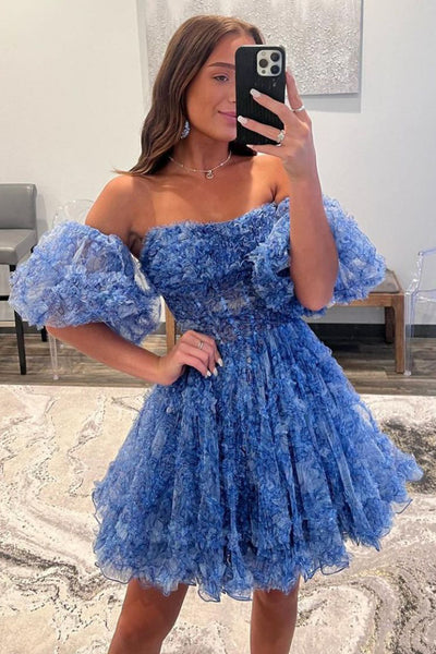 Charming Strapless Floral Printed Puff Sleeves Short Homecoming Dresses DM24071503