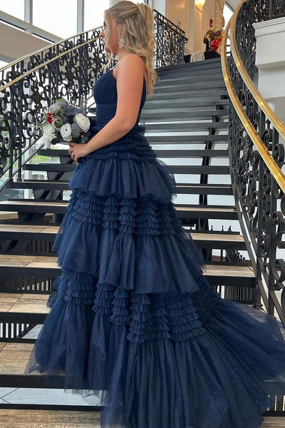 Navy Blue V Neck Ruffle Tiered Tulle Prom Dress with Slit MD4050802